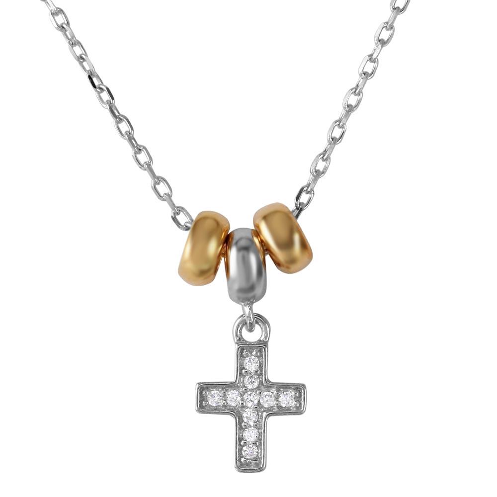 Rhodium Plated 925 Sterling Silver and Gold Plated Dangling CZ Cross with 3 Hoop Necklace - BGP01200