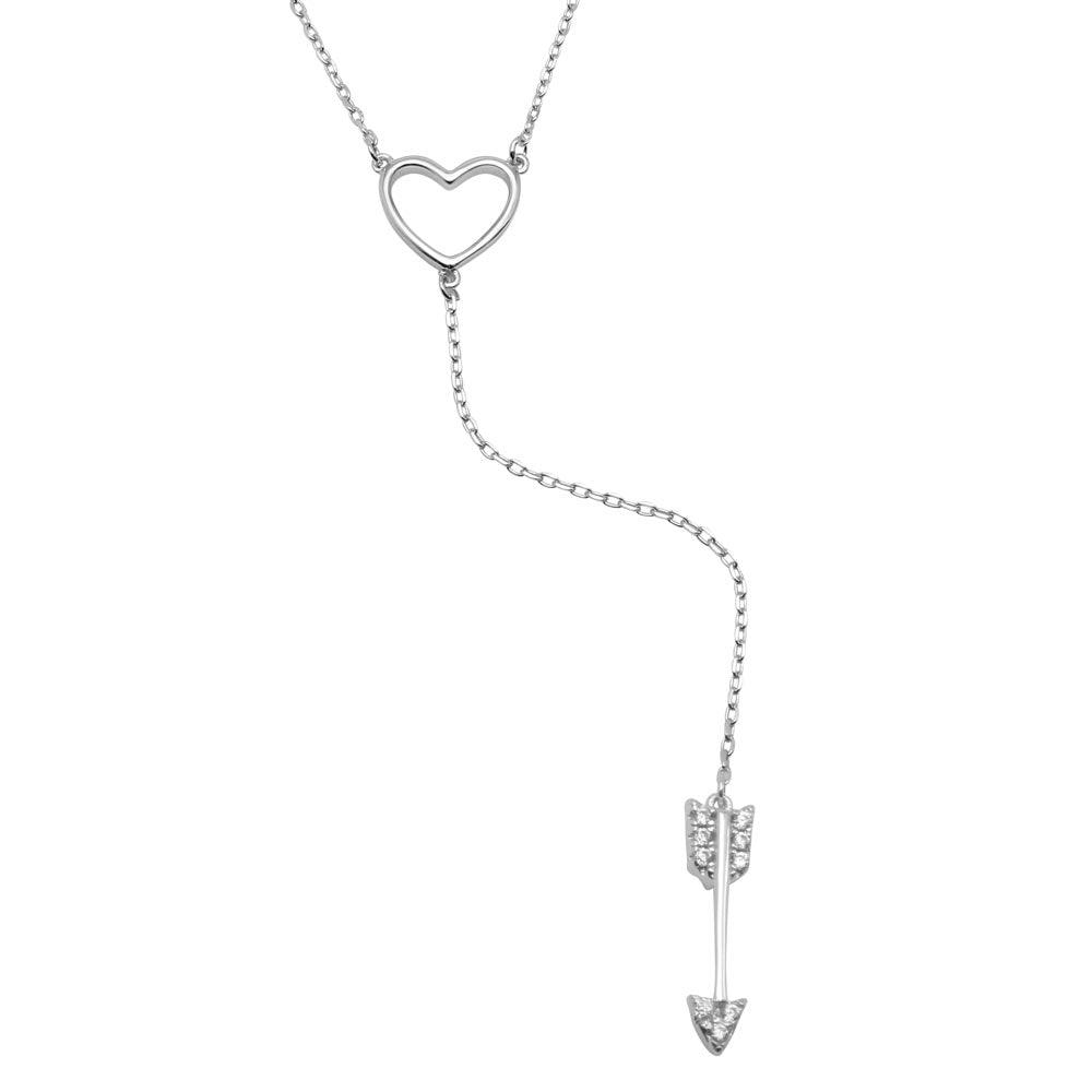 Rhodium Plated 925 Sterling Silver Heart Necklace with Dropped CZ Arrow - BGP01202