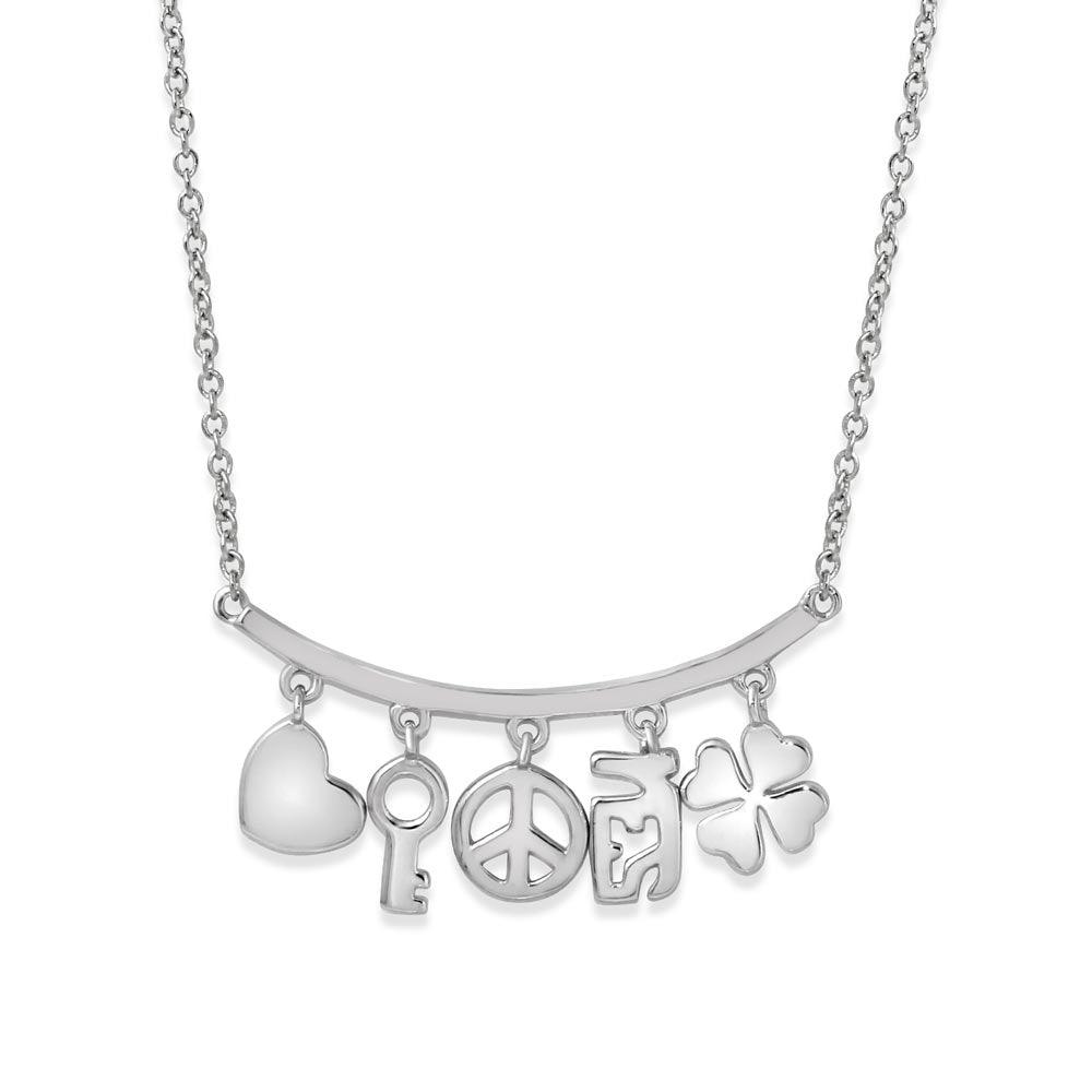 Rhodium Plated 925 Sterling Silver Slanted Line Bar Necklace with Dangling Charms - BGP01209