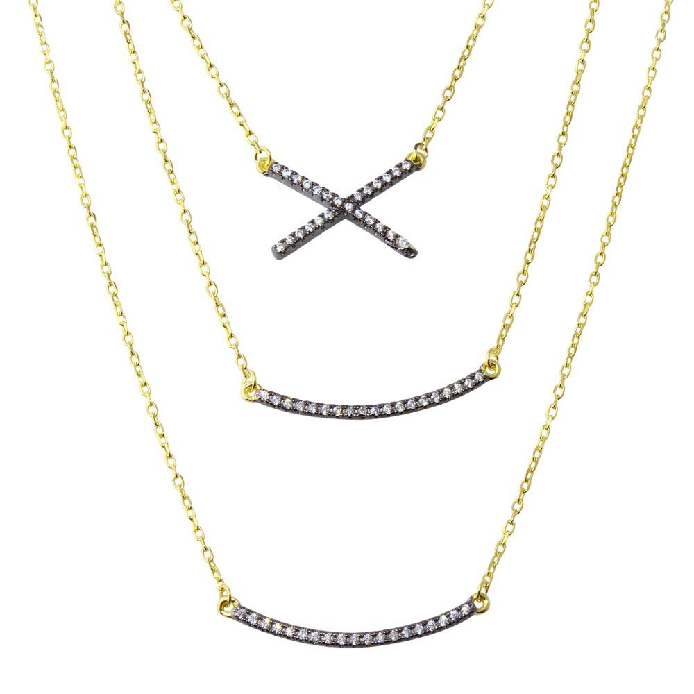 Gold Plated 925 Sterling Silver Triple Strand Necklace with CZ Curved Bar and CZ X - BGP01213