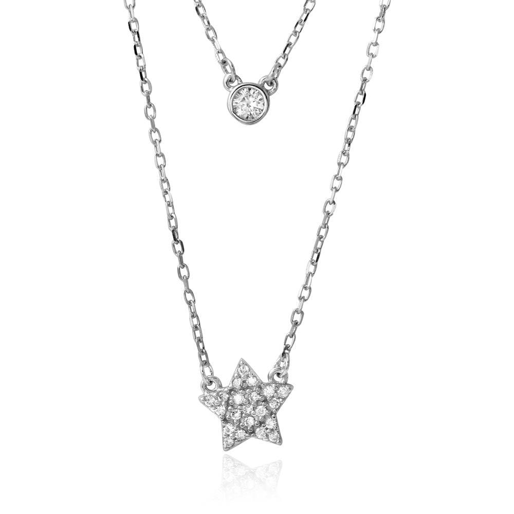 Rhodium Plated 925 Sterling Silver Double Strand Round CZ and CZ Star Necklace - BGP01216