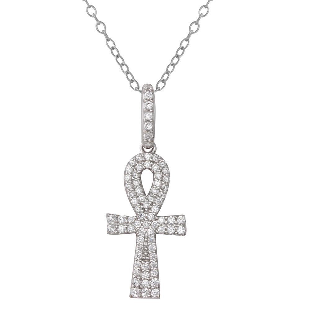 Rhodium Plated 925 Sterling Silver Thick Egyptian CZ Cross - BGP01217