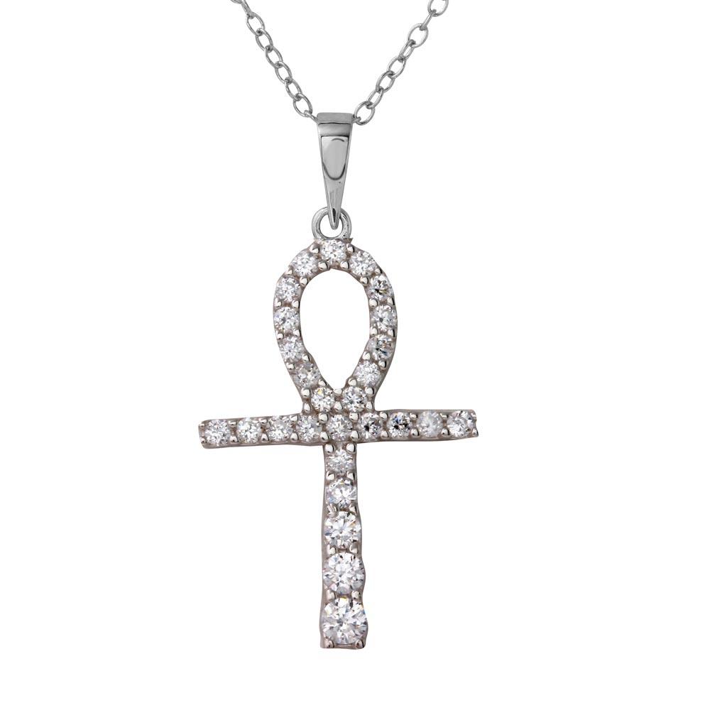 Rhodium Plated 925 Sterling Silver Thin Egyptian CZ Journey Cross - BGP01218