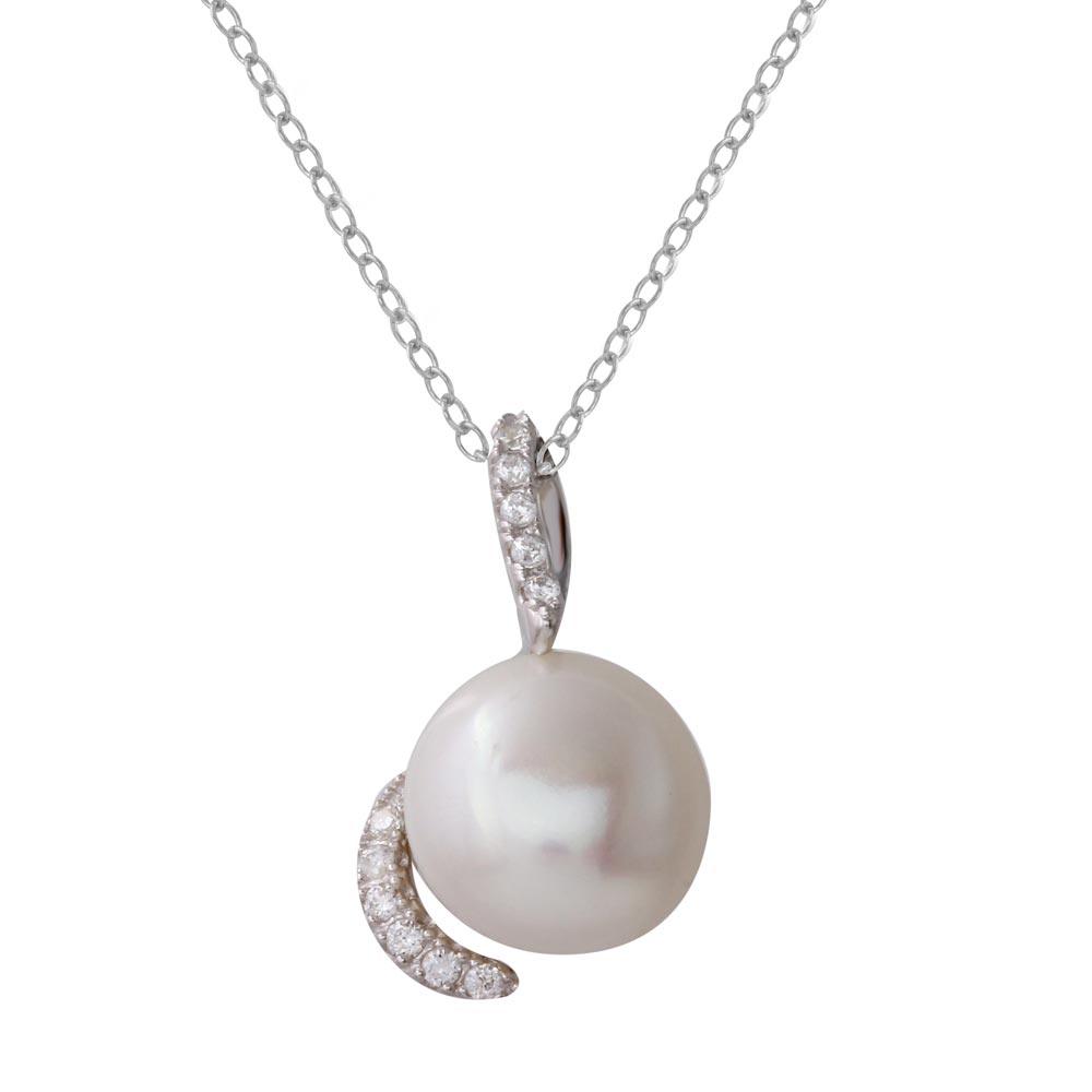 Rhodium Plated 925 Sterling Silver Fresh Water Pearl Necklace with Hooked CZ - BGP01220