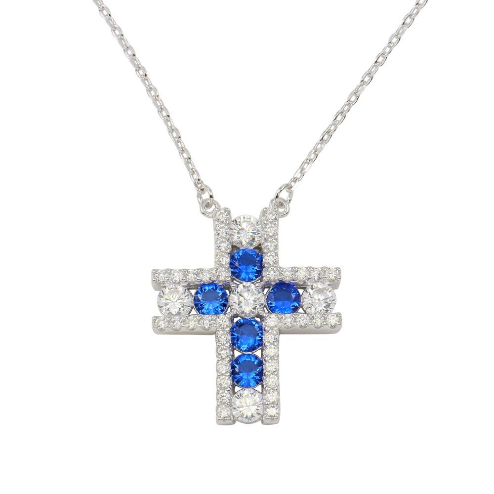 Rhodium Plated 925 Sterling Silver Cross Pendant Necklace with Clear and Blue Necklace - BGP01279