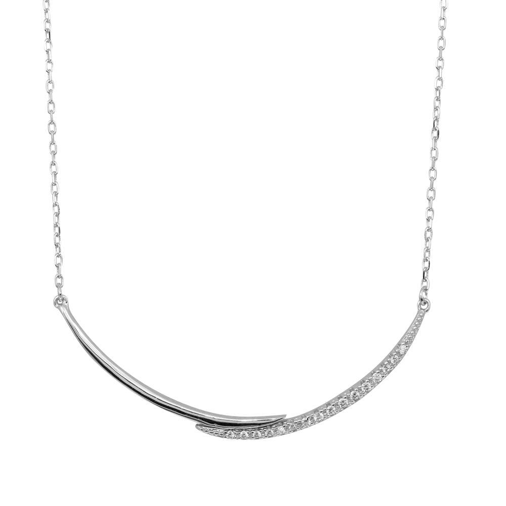 Rhodium Plated 925 Sterling Silver Double Curve Necklace with CZ - BGP01235