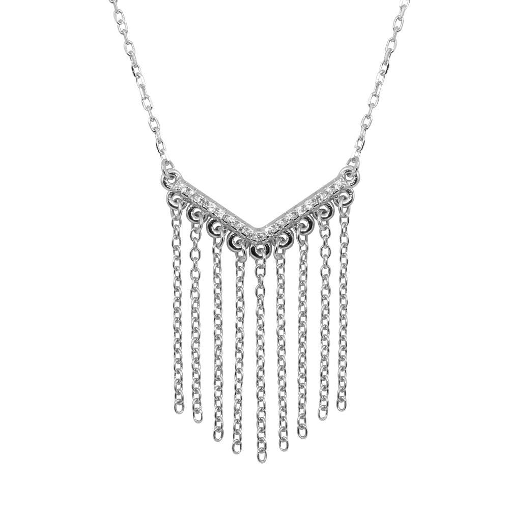 Rhodium Plated 925 Sterling SilverPlated V with Drops CZ Necklace - BGP01236