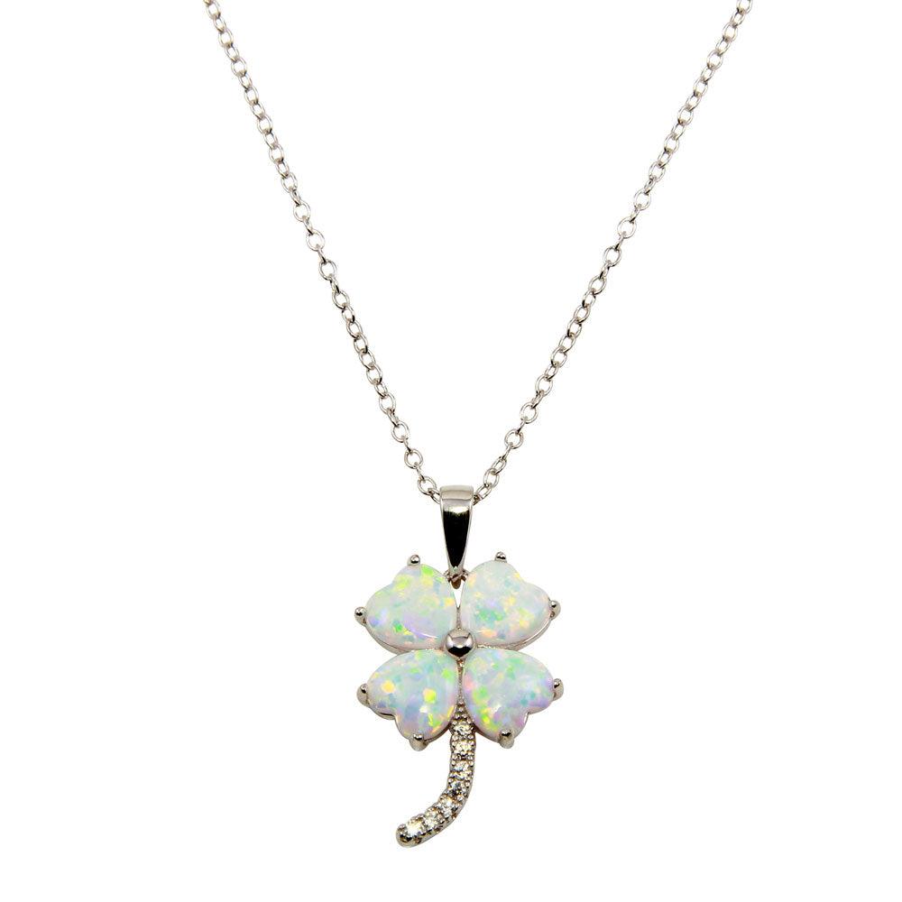 Rhodium Plated 925 Sterling Silver CZ Opal Clover Leaf Necklace - BGP01240