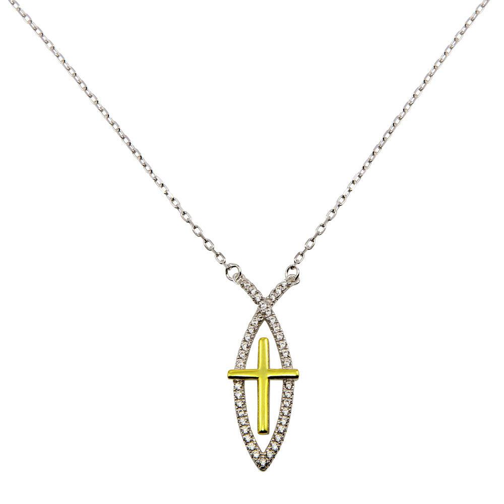 Rhodium Plated 925 Sterling Silver CZ Fish Sign with Gold Plated Cross Necklace - BGP01242