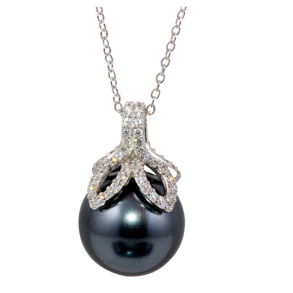 Rhodium Plated 925 Sterling Silver Grey Pearl Pendant Necklace with CZ - BGP01245