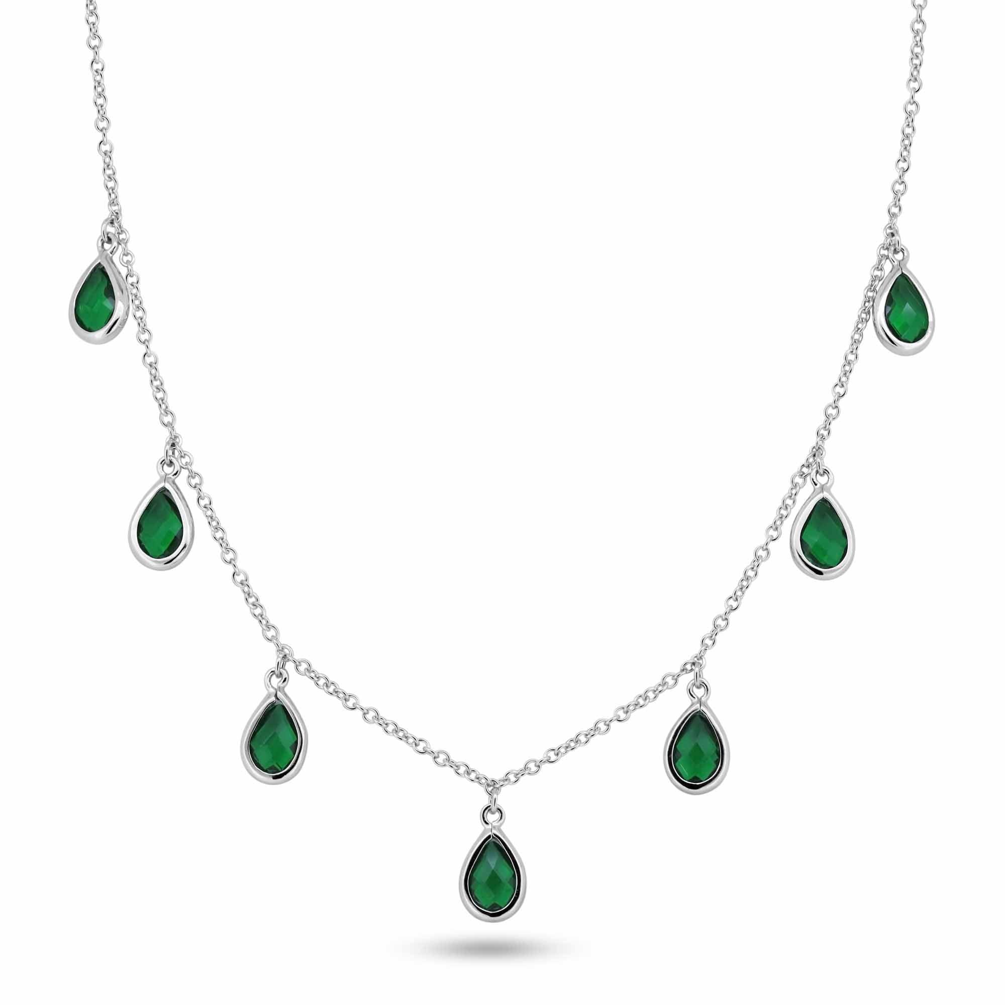 Rhodium Plated 925 Sterling Silver Dangling Green CZ Teardrop Necklace - BGP01250GRN