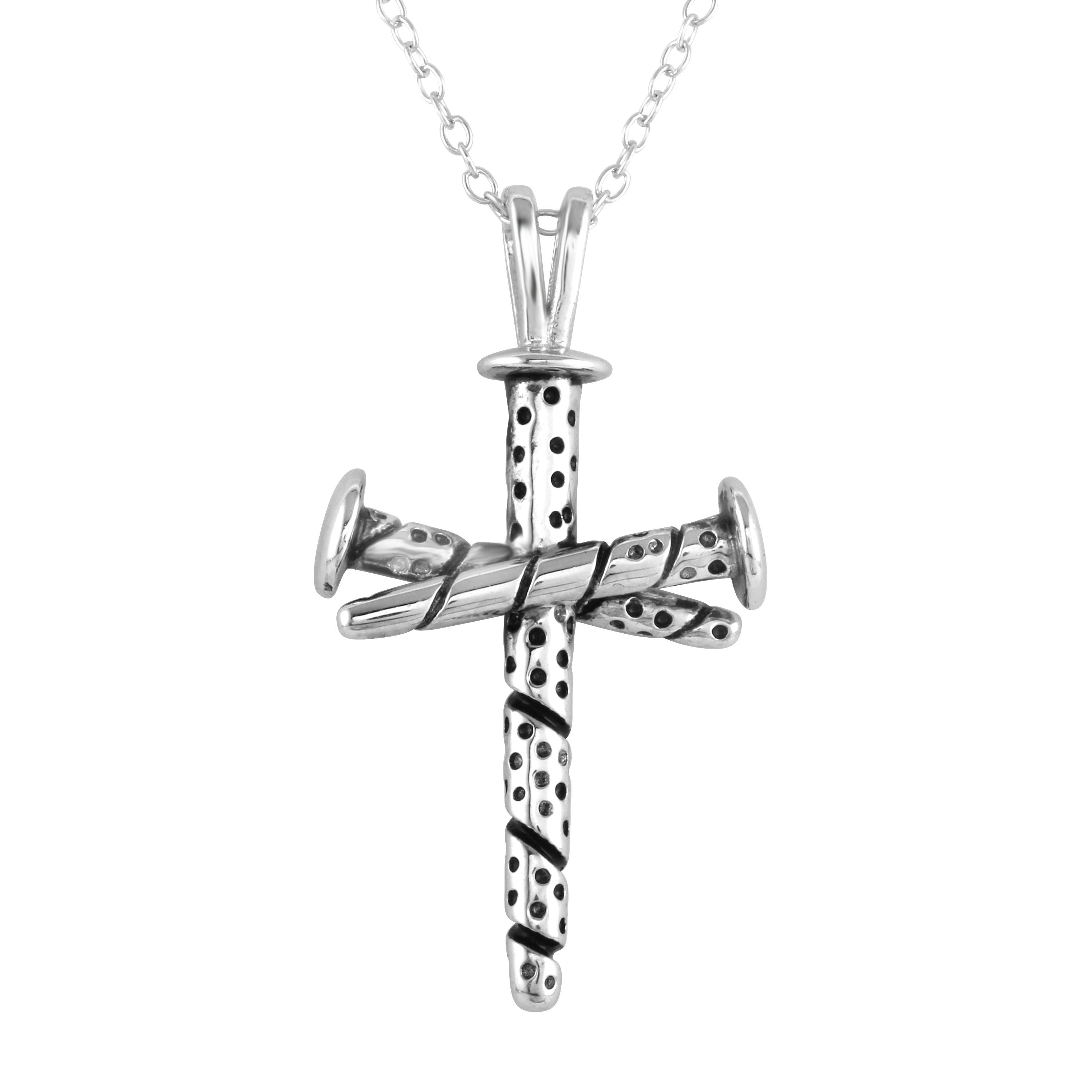 Rhodium Plated 925 Sterling Silver Triple Nail Cross Pendant Necklace - BGP01252