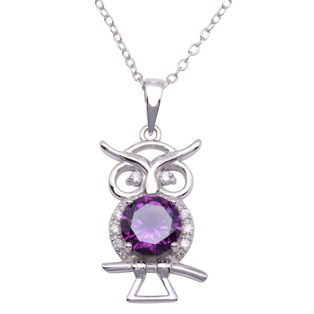 Rhodium Plated 925 Sterling Silver Purple CZ Owl Necklace - BGP01253