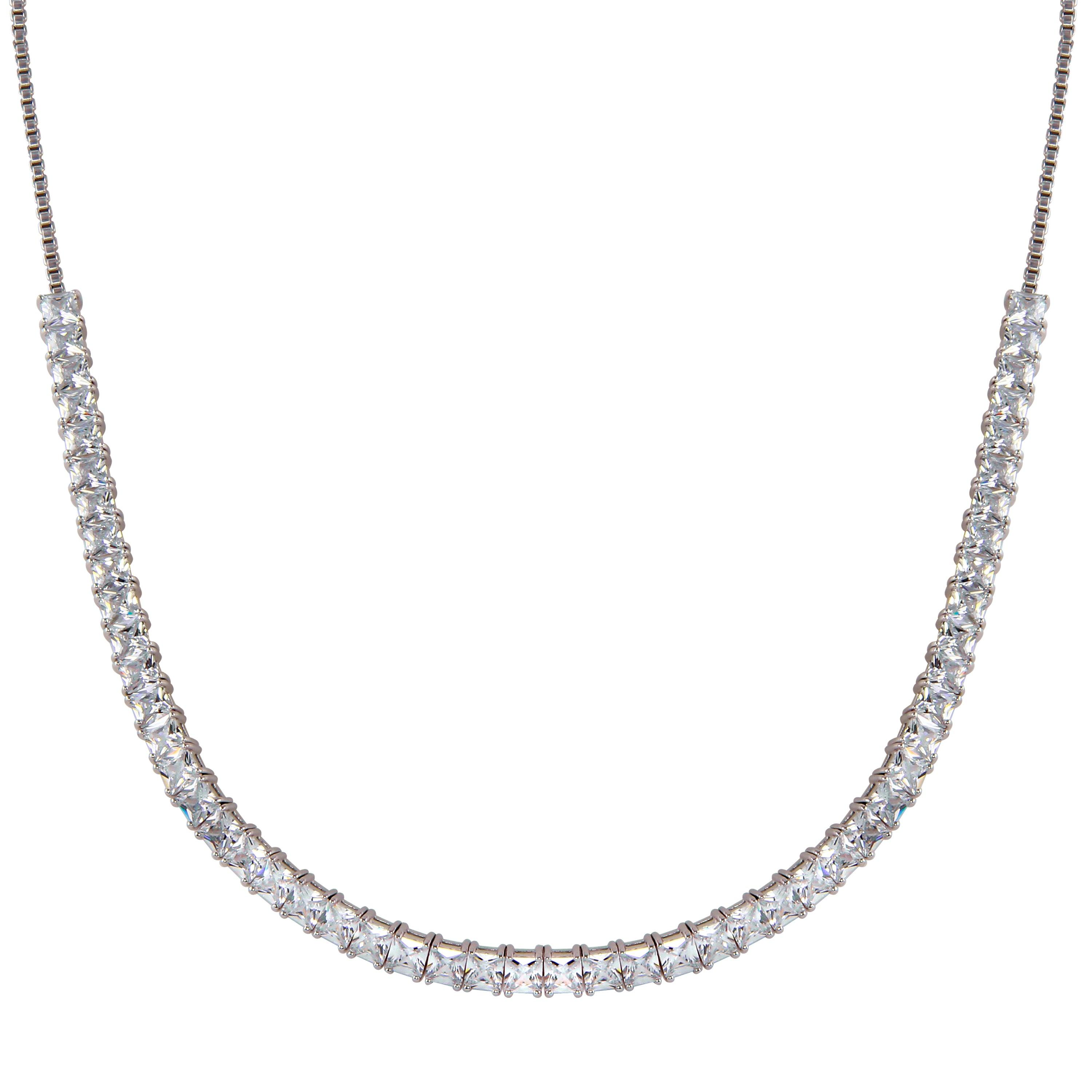 Rhodium Plated 925 Sterling Silver Adjustable Tennis CZ Necklace - BGP01255