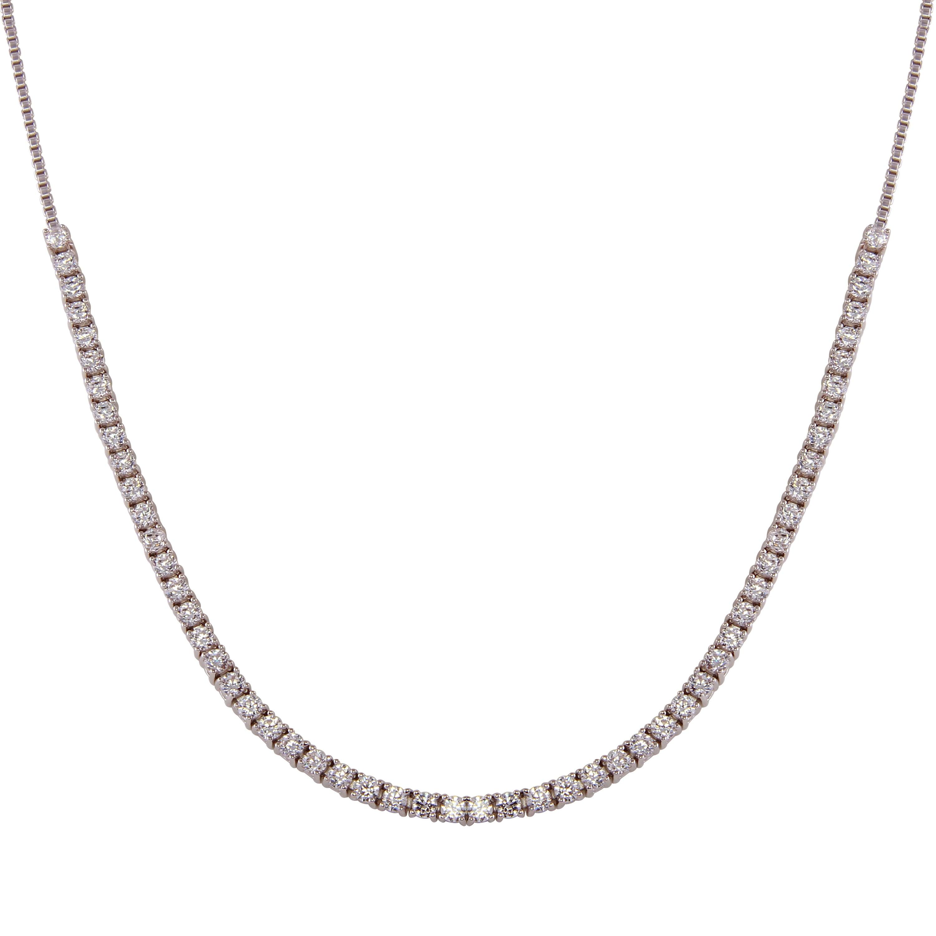 Rhodium Plated 925 Sterling Silver Adjustable Tennis CZ Necklace - BGP01258