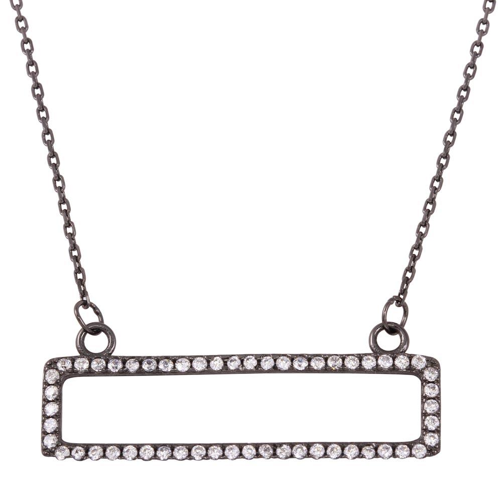 Black Rhodium Plated 925 Sterling Silver Open Rectangle Pendant Necklace with CZ - BGP01262