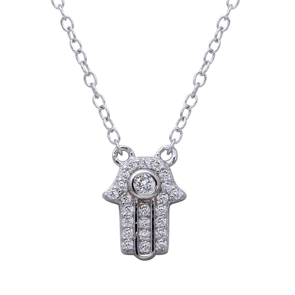 Rhodium Plated 925 Sterling Silver Mini Hamsa Pendant Necklace with CZ - BGP01267