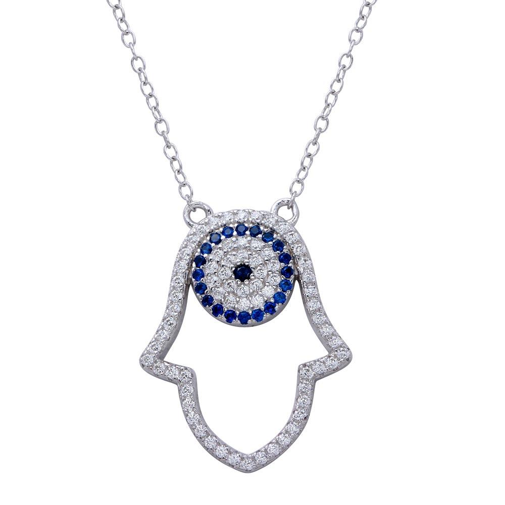 Rhodium Plated 925 Sterling Silver Hamsa Pendant Necklace with CZ - BGP01268