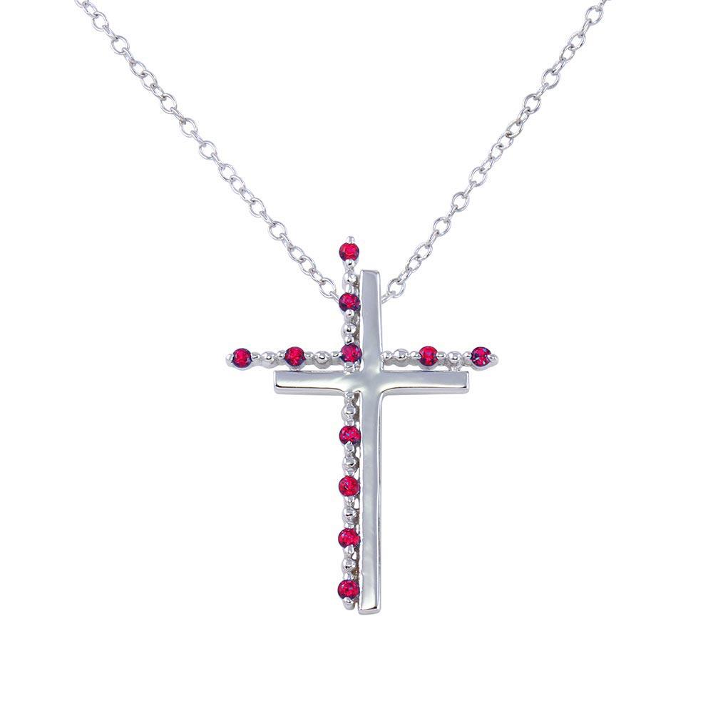 Rhodium Plated 925 Sterling Silver Double Cross Pendant with Red CZ - BGP01272GAR