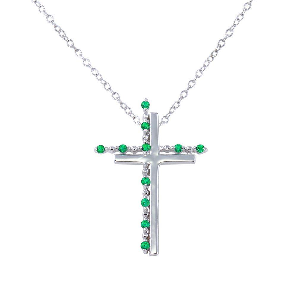 Rhodium Plated 925 Sterling Silver Double Cross Pendant with Green CZ - BGP01272GRN