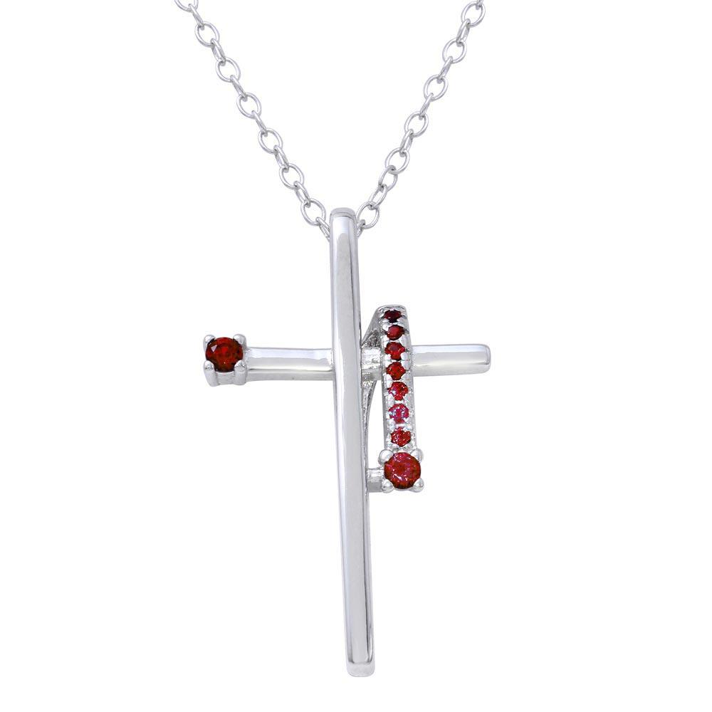 Rhodium Plated 925 Sterling Silver Red CZ  Designed Cross Necklace - BGP01273GAR