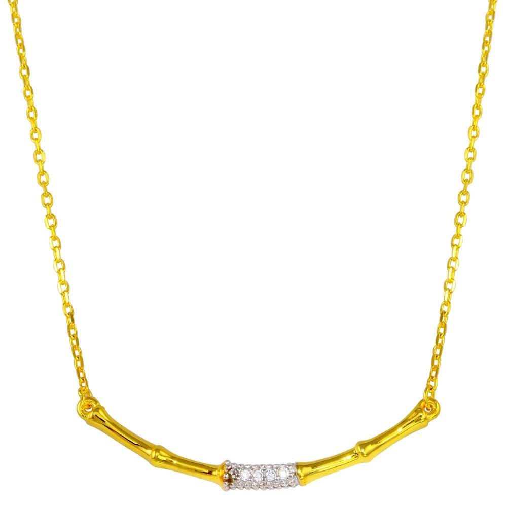 Gold Plated 925 Sterling Silver Bamboo Pendant Necklace with CZ - BGP01276