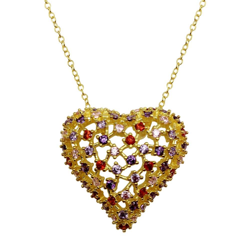 Gold Plated 925 Sterling Silver Heart Pendant with Multi-Colored CZ - BGP01282