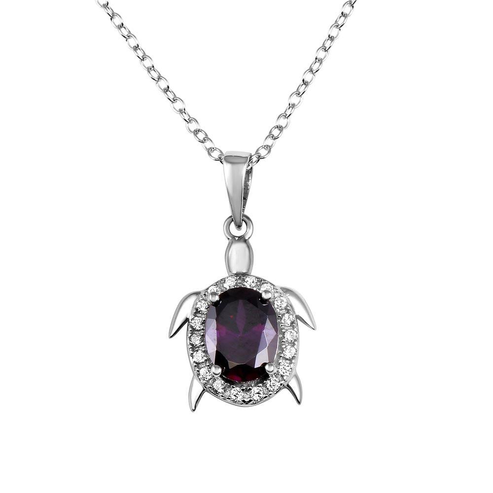 Rhodium Plated 925 Sterling Silver Turtle Pendant Necklace with Purple CZ - BGP01284