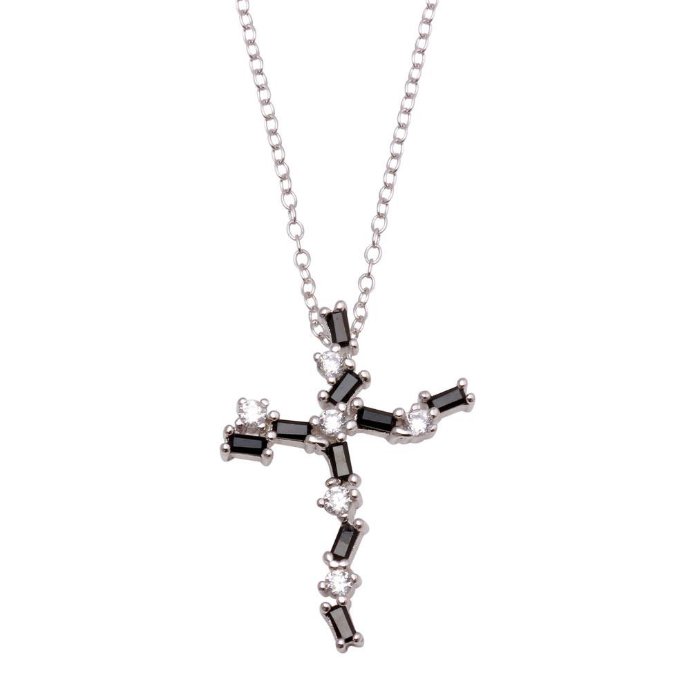 Rhodium Plated 925 Sterling Silver Crooked Cross Pendant Necklace with Black and Clear CZ - BGP01285