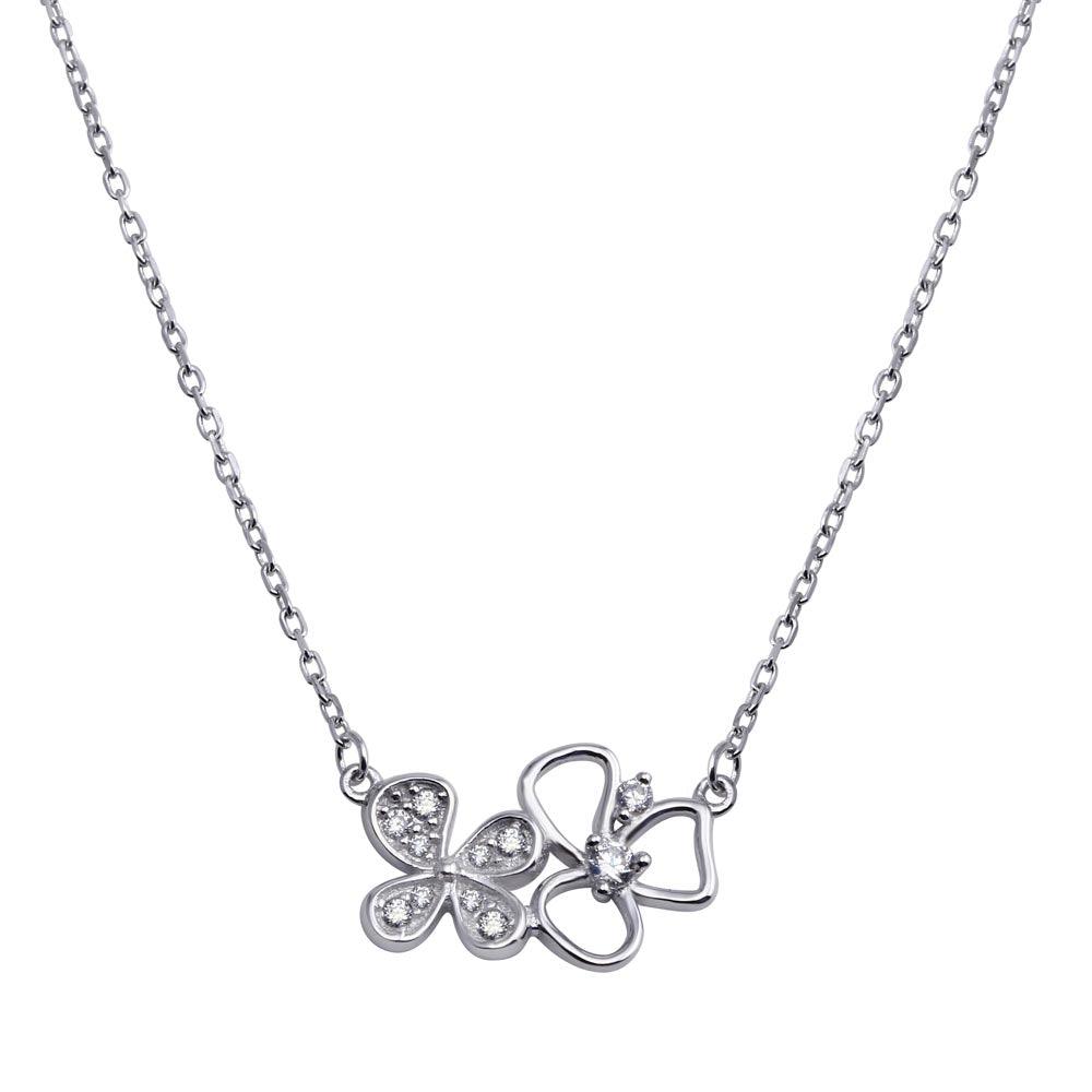 Rhodium Plated 925 Sterling Silver Clover CZ Necklace - BGP01287