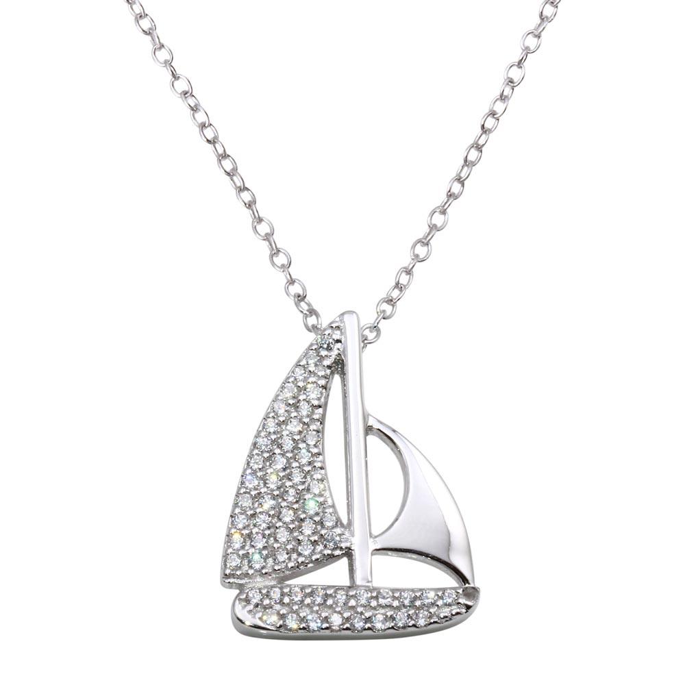 Rhodium Plated 925 Sterling Silver CZ Sailboat Necklace - BGP01289