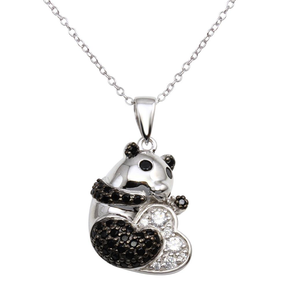 Rhodium Plated 925 Sterling Silver Black and Clear CZ Panda Bear Necklace - BGP01291