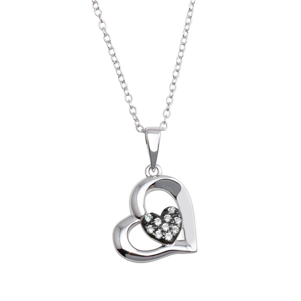 Rhodium Plated 925 Sterling Silver Heart Pendant Necklace with CZ - BGP01292CLR