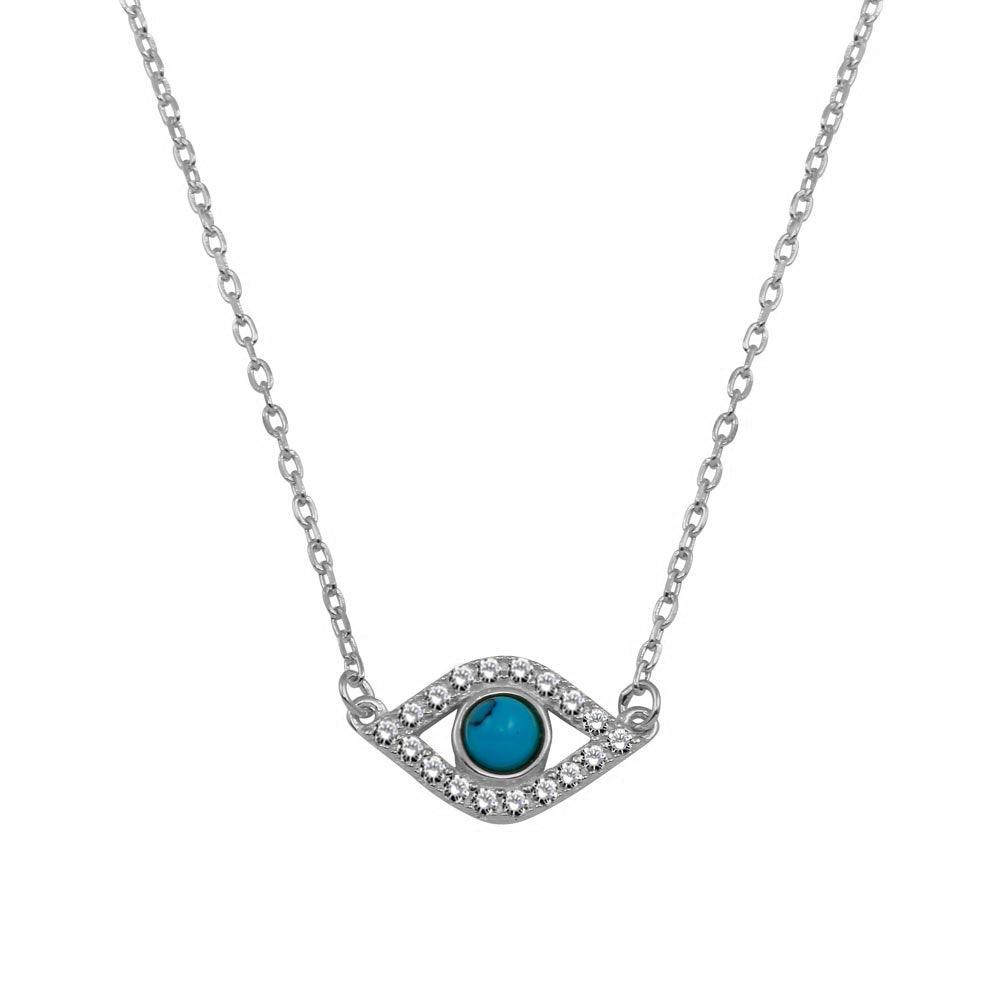 Rhodium Plated 925 Sterling Silver Evil Eye Necklace with CZ - BGP01294RH