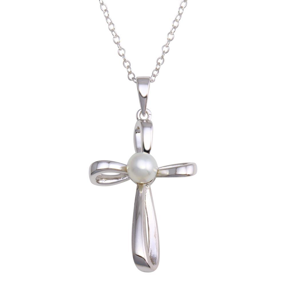 Rhodium Plated 925 Sterling Silver Pearl Center Cross Necklace - BGP01296