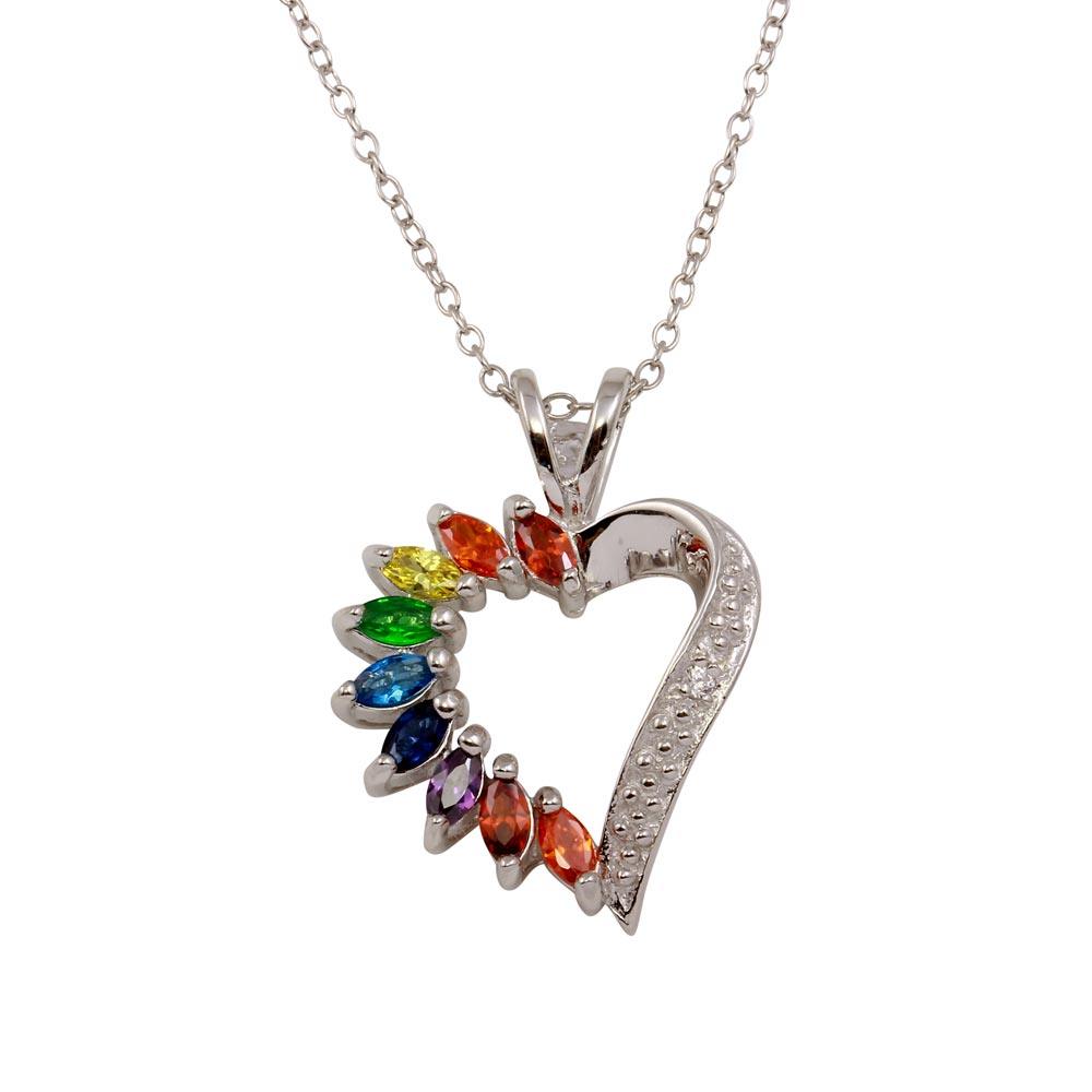 Rhodium Plated 925 Sterling Silver Open Heart Pendant with Rainbow CZ - BGP01300