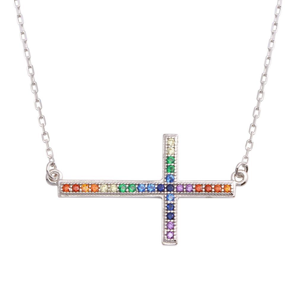 Rhodium Plated 925 Sterling Silver Sideways Cross Pendant with Multi-Colored CZ - BGP01309