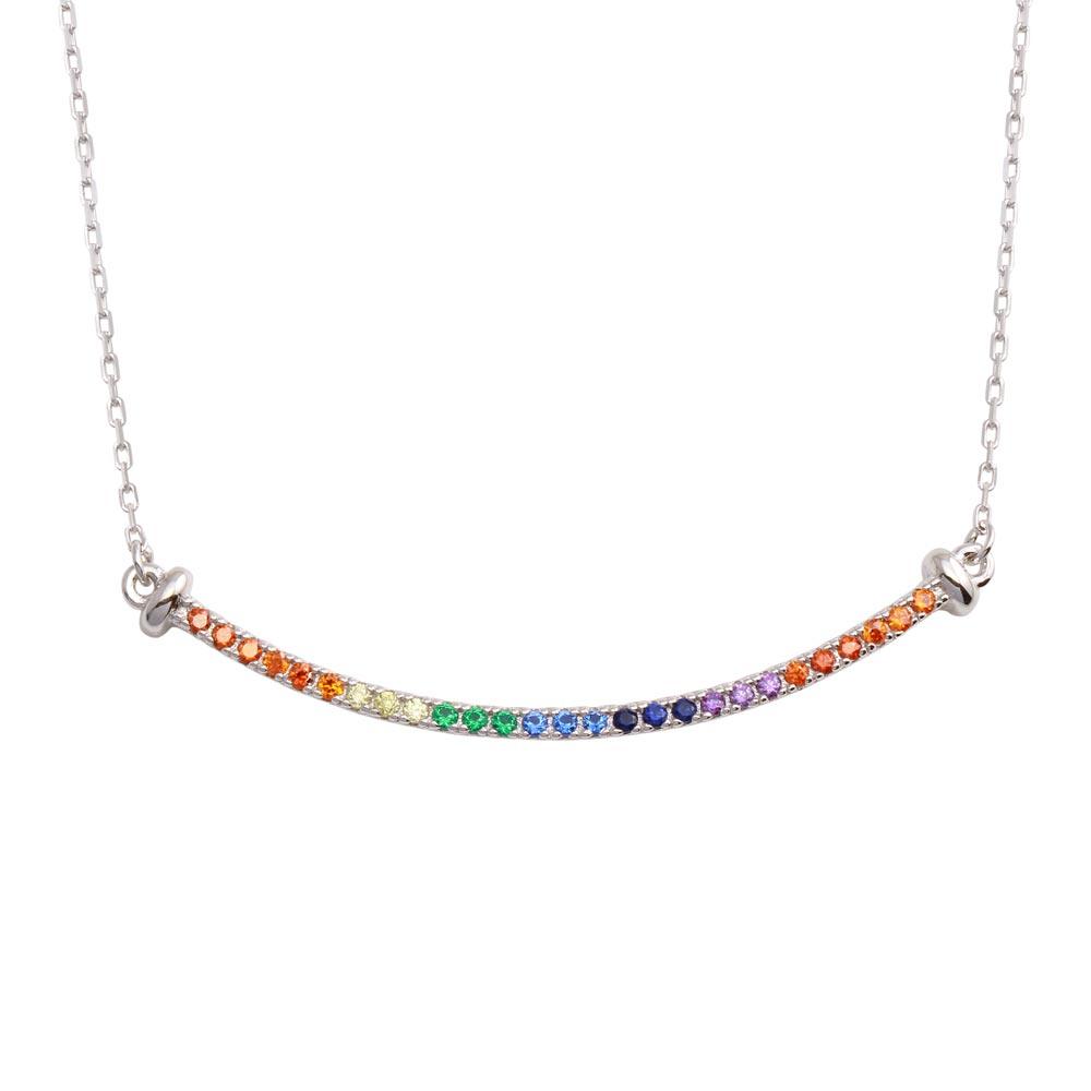 Rhodium Plated 925 Sterling Silver Curve Pendant Necklace with Rainbow CZ - BGP01310