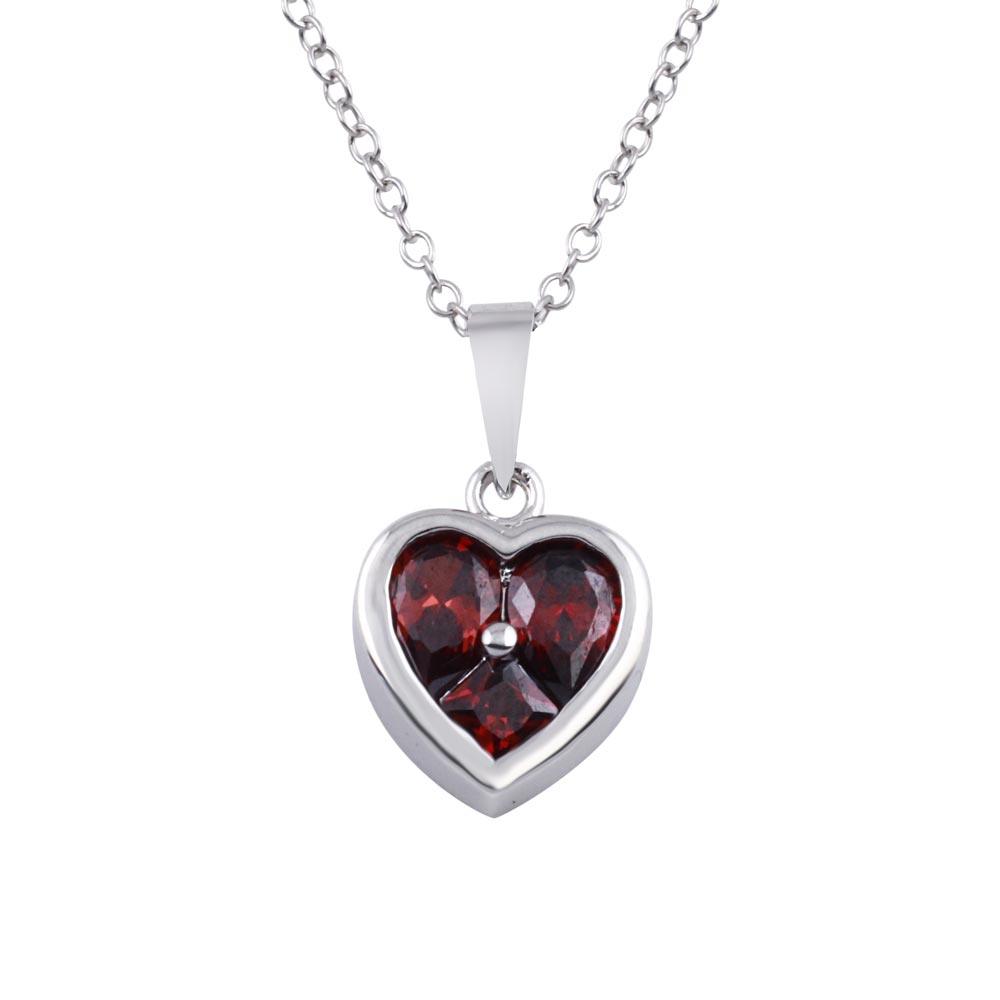 Rhodium Plated 925 Sterling Silver Heart Red CZ Necklace - BGP01312RED