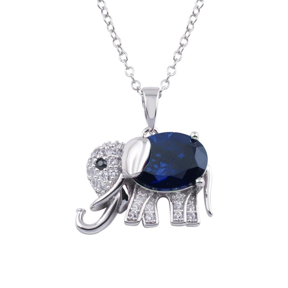 Rhodium Plated 925 Sterling Silver Blue CZ Elephant Pendant Necklace - BGP01313BLU