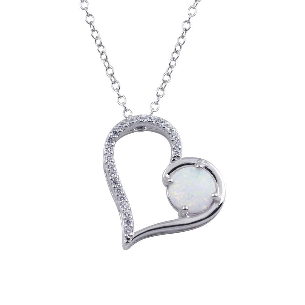 Rhodium Plated 925 Sterling Silver Heart Synthetic Opal Pendant Necklace - BGP01314