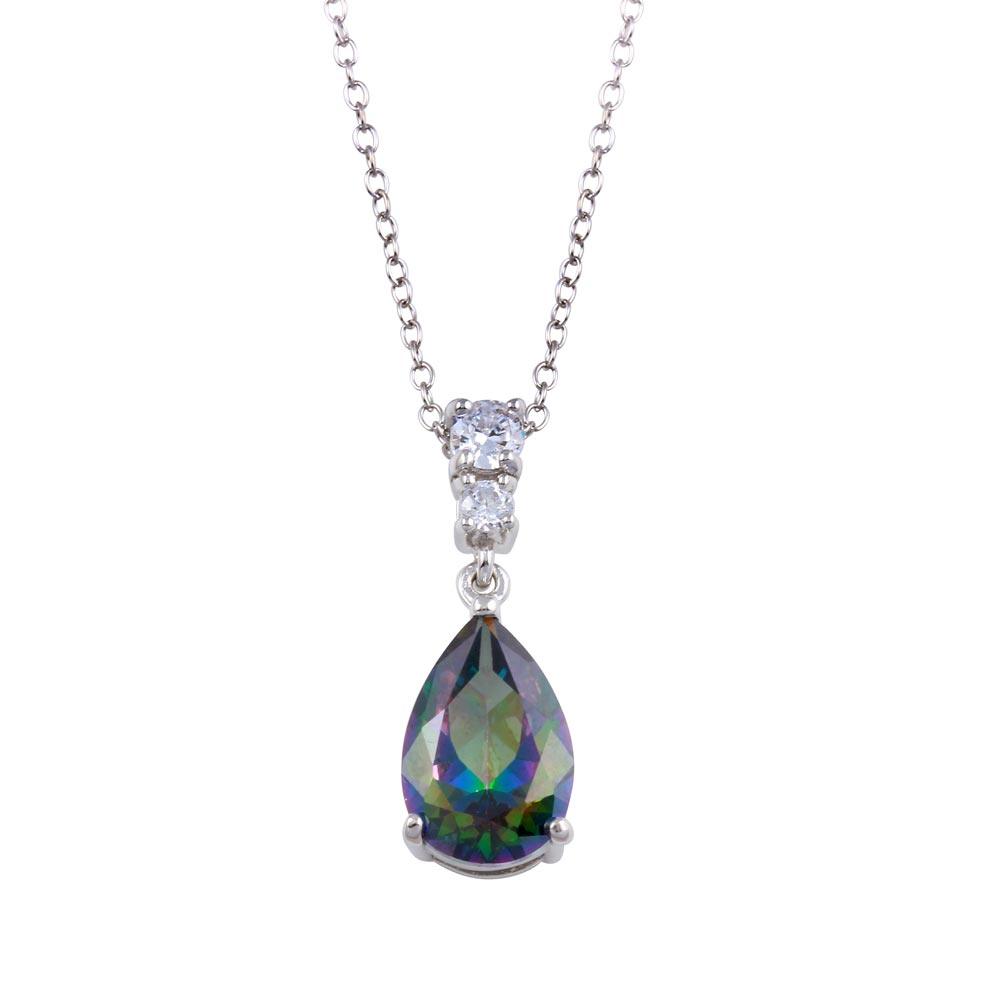 Rhodium Plated 925 Sterling Silver Synthetic Mystic Topaz Teardrop CZ Necklace - BGP01315