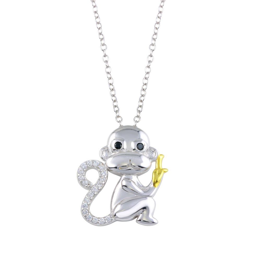 Two-Tone 925 Sterling Silver CZ Monkey Necklace - BGP01317