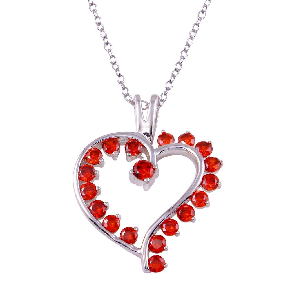 Rhodium Plated 925 Sterling Silver Multi Red CZ Open Heart Necklace - BGP01318