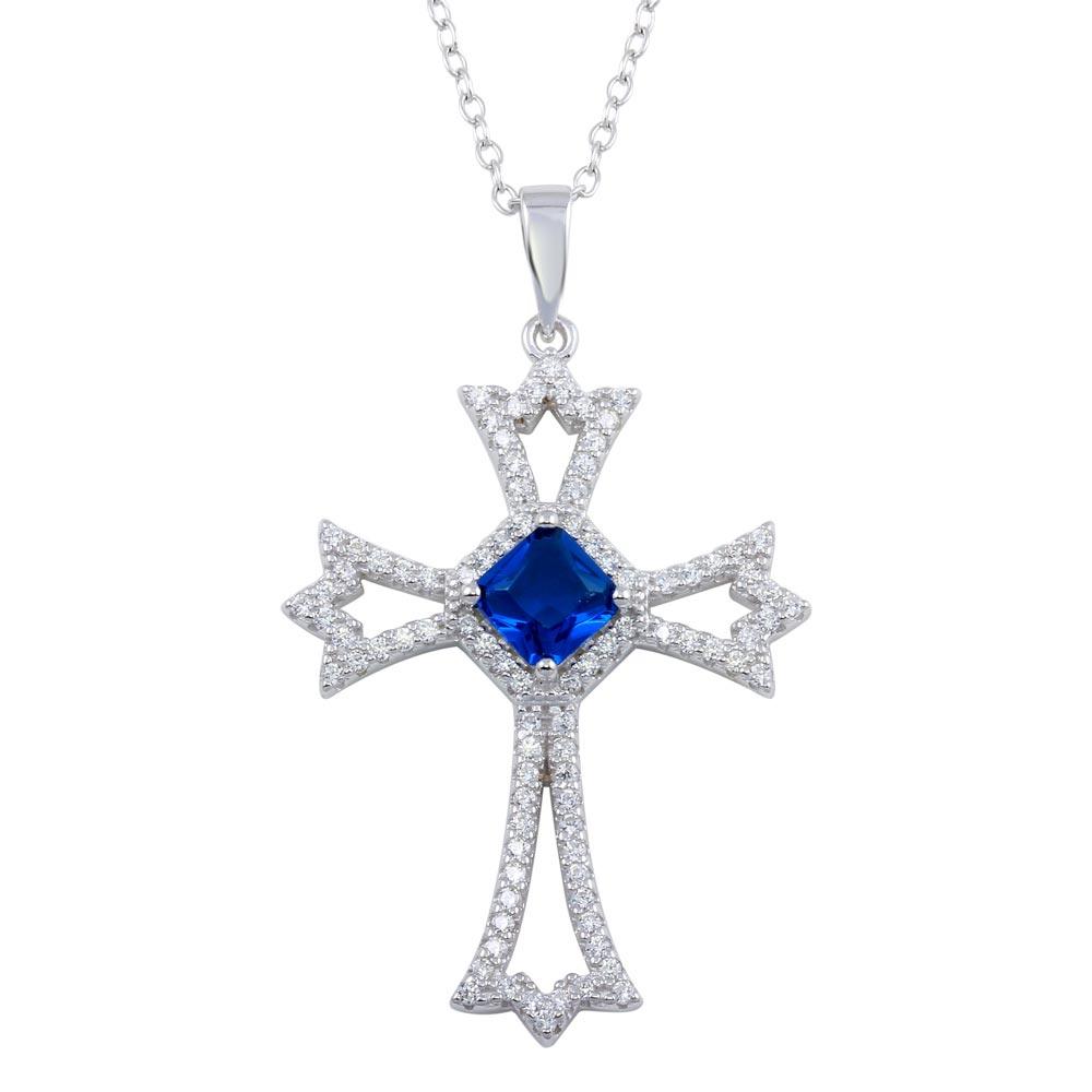 Rhodium Plated 925 Sterling Silver Blue CZ Center Open CZ Cross Necklace - BGP01319