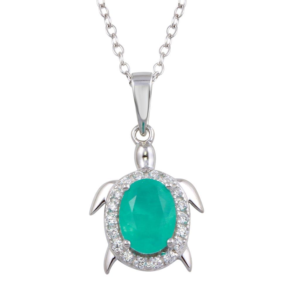 Rhodium Plated 925 Sterling Silver Turtle Pendant Necklace with Light Blue CZ - BGP01320