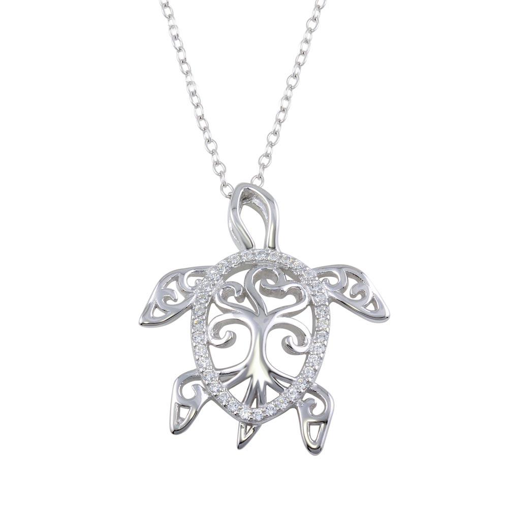 Rhodium Plated 925 Sterling Silver Family Tree Design CZ Turtle Necklace - BGP01321