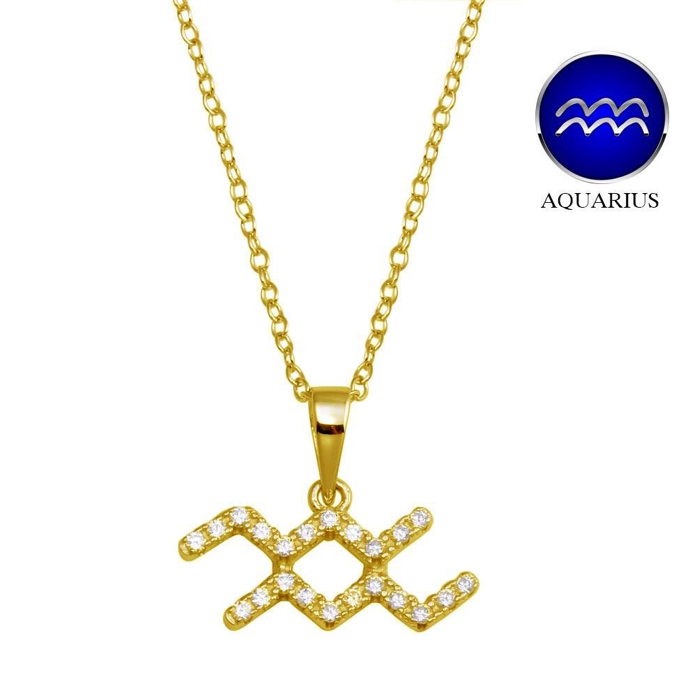 Gold Plated 925 Sterling Silver Aquarius CZ Zodiac Sign Necklace - BGP01328GP