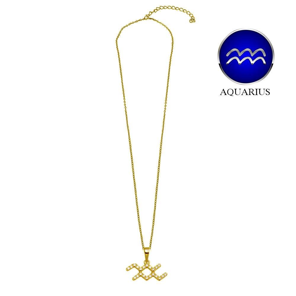 Gold Plated 925 Sterling Silver Aquarius CZ Zodiac Sign Necklace - BGP01328GP