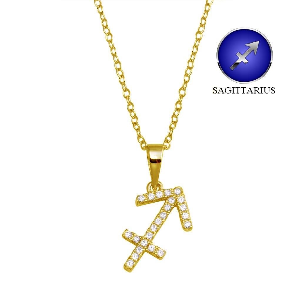 Gold Plated 925 Sterling Silver Sagittarius CZ Zodiac Sign Necklace - BGP01330GP